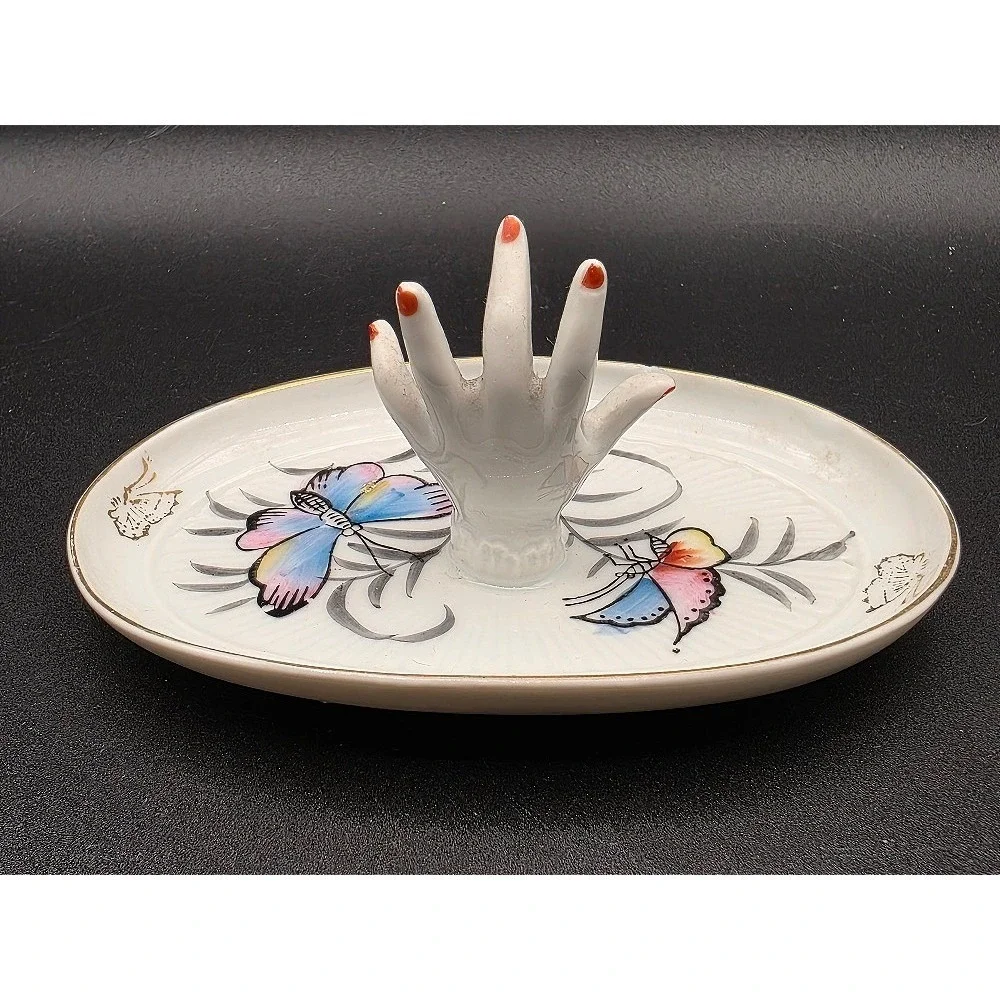 Vintage Porcelain Hand Ring Trinket Dish Butterfly Design Vanity Tray‎